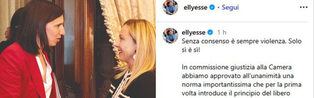 Accordo Pd-FdI su violenza sessuale, Schlein posta foto con Meloni