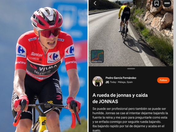 Vingegaard scivola mentre viene seguito da un amatore che condivide su Strava: «Voleva superarmi, è caduto e si è ferito»